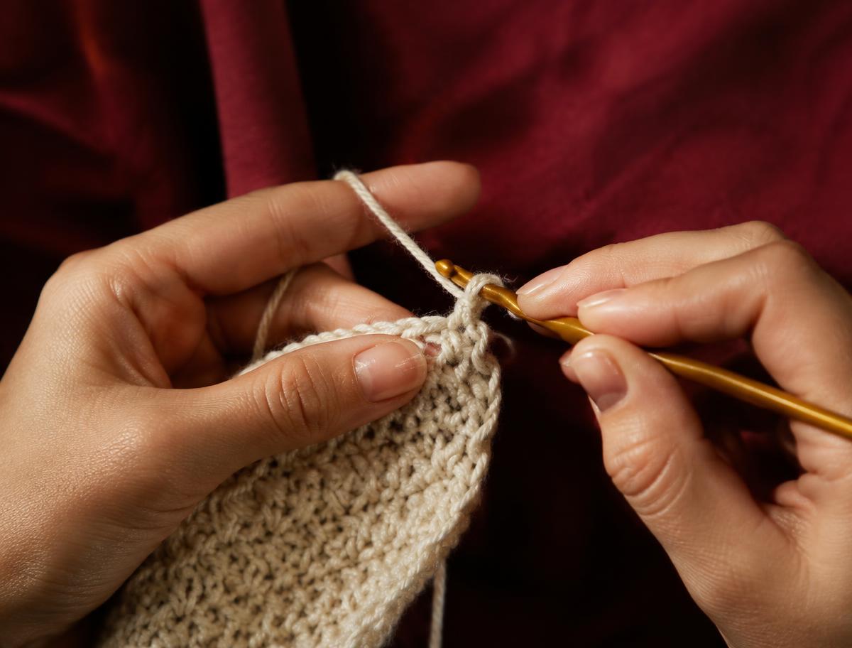 Hands crocheting a cream piece